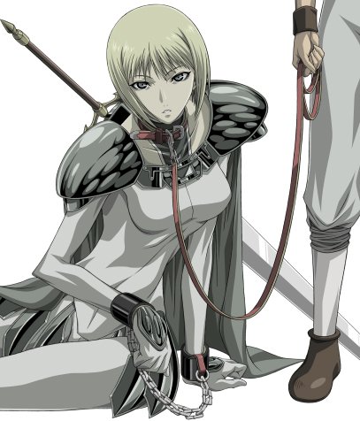takapico, takapiko, clare (claymore), claymore (series), blade, lowres, 00s, 1girl, 1other, armor, bdsm, blonde hair, bondage, bound, breasts, chain, claymore (sword), collar, cuffs, grey eyes, leash, pauldrons, shackles, short hair, shoulder armor, shoulder pads, simple background, sitting, sword, weapon, white background
