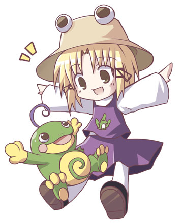 dorua (dollar), moriya suwako, politoed, nintendo, pokemon, touhou, lowres, 1girl, blonde hair, brown eyes, crossover, dress, frog, gen 2 pokemon, hair ribbon, hat, pantyhose, pokemon (creature), ribbon, short hair, simple background, white background