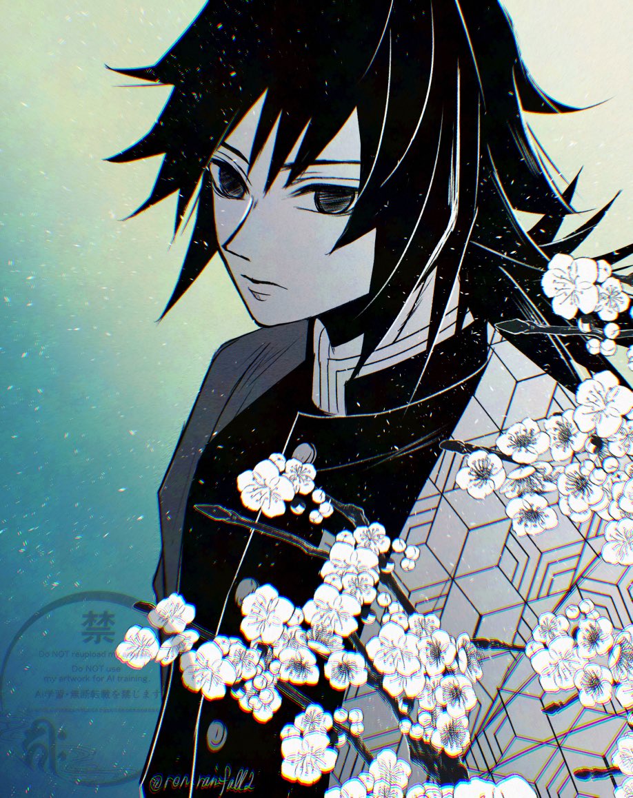 runa (ren rainfall), tomioka giyuu, kimetsu no yaiba, 1boy, black eyes, black hair, black jacket, buttons, closed mouth, demon slayer uniform, empty eyes, english text, flower, gradient background, haori, jacket, japanese clothes, kikkoumon, low ponytail, male focus, partially colored, ponytail, print haori, solo, spiked hair, twitter username, upper body, watermark