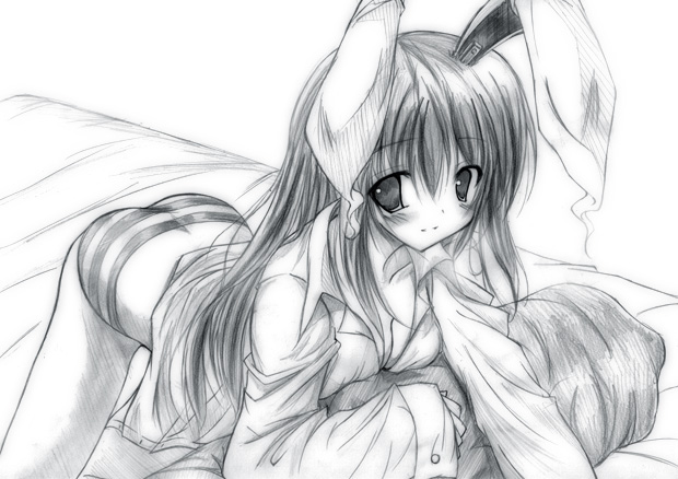 reisen udongein inaba, touhou, 1girl, animal ears, ass, bent over, female focus, greyscale, monochrome, panties, rabbit ears, solo, striped clothes, striped panties, underwear, white background