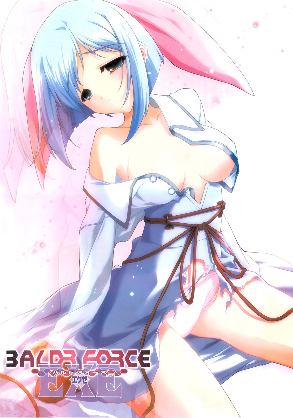 kikuchi seiji, renn mizusaka, baldr force, highres, 00s, 1girl, blue eyes, blue hair, bow, female focus, hair ribbon, matching hair/eyes, no bra, open clothes, open shirt, panties, pink bow, pink panties, ribbon, shirt, short hair, solo, torn clothes, underwear