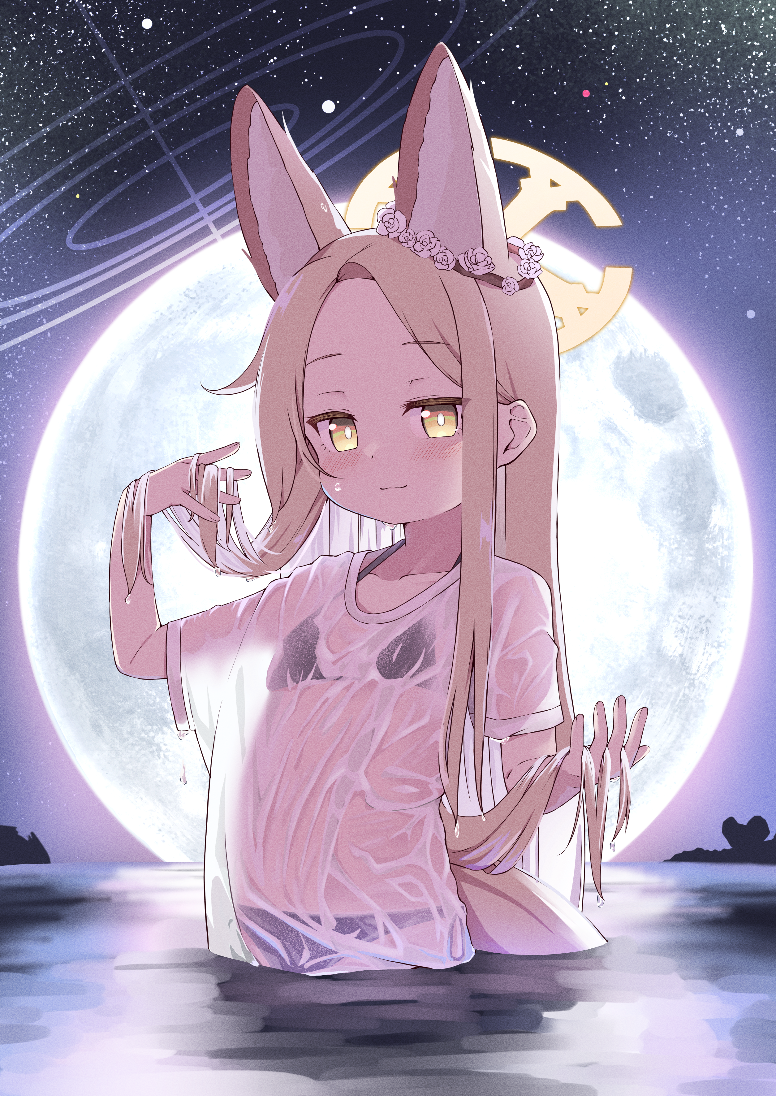 kyouwashi, seia (blue archive), blue archive, absurdres, commentary request, highres, partial commentary, 1girl, :3, animal ear fluff, animal ears, bikini, black bikini, blonde hair, blush, closed mouth, collarbone, cowboy shot, cross halo, ear wreath, flat chest, forehead, fox ears, fox girl, fox tail, full moon, halo, holding, holding own hair, long hair, looking at viewer, moon, moonlight, night, night sky, outdoors, partially submerged, see-through clothes, shirt, short sleeves, sky, smile, solo, star (sky), starry sky, swimsuit, tail, water, wet, wet clothes, wet shirt, white shirt, yellow eyes, yellow halo