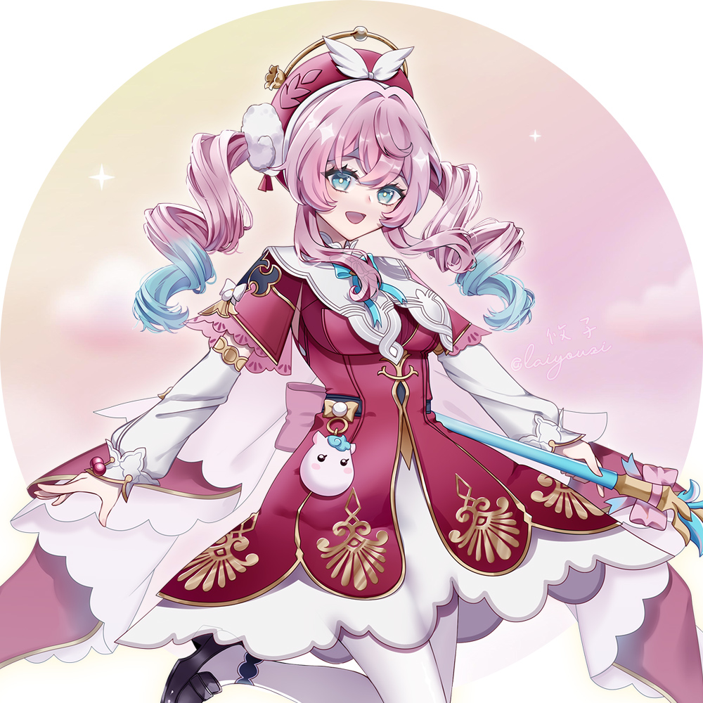 yuu ko, hyacine (honkai: star rail), little ica (honkai: star rail), honkai: star rail, honkai (series), commentary request, 1girl, back bow, beads, black shoes, blue bow, blue bowtie, blue eyes, blue hair, border, bow, bowtie, breasts, cloud, cowboy shot, dress, drill hair, floating hair, gold trim, gradient hair, hair between eyes, hair ornament, hair ribbon, hat, hat ornament, holding, holding scepter, long hair, long sleeves, looking at viewer, medium breasts, multicolored hair, open mouth, outside border, pantyhose, pink background, pink bow, pink dress, pink hair, pink hat, pom pom (clothes), pom pom hair ornament, puffy long sleeves, puffy sleeves, red ribbon, ribbon, scepter, shoes, sidelocks, smile, solo, sparkle background, standing, standing on one leg, twintails, two-tone background, two-tone dress, wavy hair, white border, white dress, white pantyhose, yellow background, yellow bow
