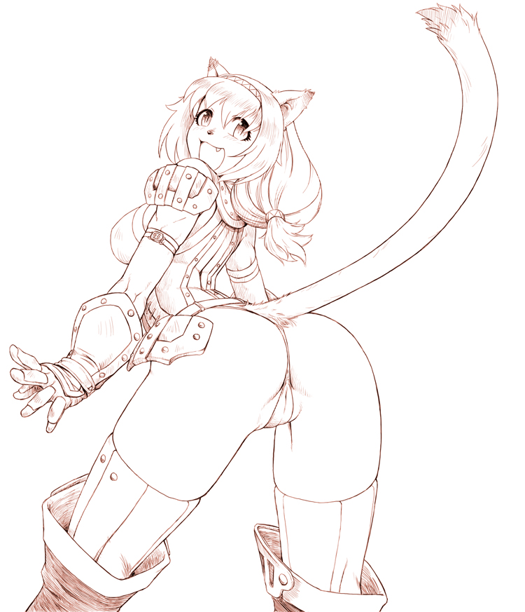 gochou (kedama), mithra (ff11), final fantasy, final fantasy xi, 00s, 1girl, animal ears, ass, bent over, breasts, cat ears, cat tail, cleft of venus, fang, female focus, gouchou, monochrome, simple background, solo, tail, thighhighs