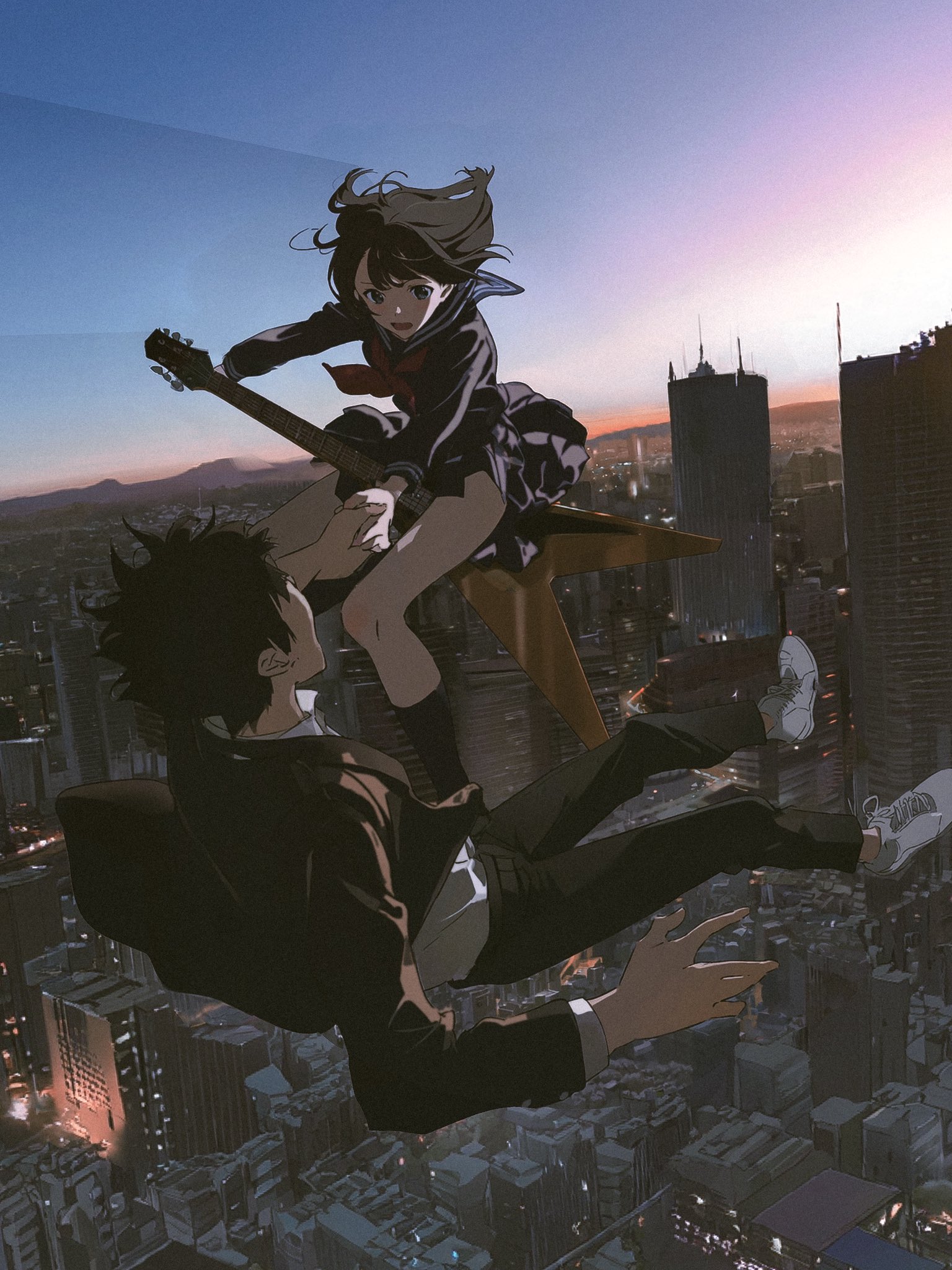 shijima sekiun, original, 1boy, 1girl, black hair, building, city, falling, guitar, instrument, photo background, school uniform, serafuku