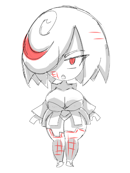 yelladrill, sage (sonic), sonic (series), sonic frontiers, 1girl, alternate breast size (larger), breasts, chibi, chibi only, cleavage, collarbone, detached sleeves, dress, glitch, greyscale, hair over one eye, large breasts, looking at viewer, monochrome, open mouth, panties, patterned clothing, red eyes, red streaks, short hair, simple background, sketch, solo, spot color, thighhighs, underwear, white background