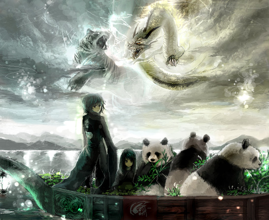 chibi (artist), chibi (shimon), original, 1boy, 1girl, bamboo, black hair, boat, child, crouching tiger, dragon, hidden dragon, panda, tiger