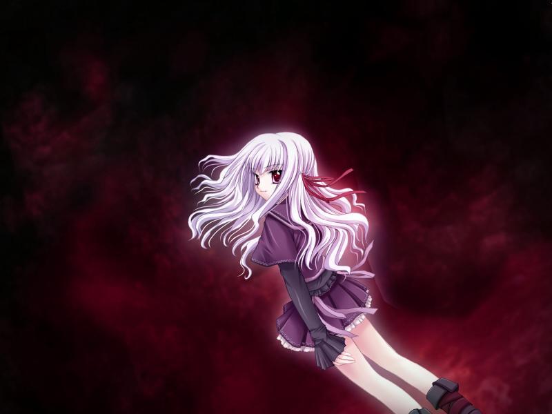 ueda metawo, yuka, yuka (gore screaming show), gore screaming show, game cg, 1girl, female focus, goth fashion, long hair, purple hair, red background, red eyes, ribbon, solo