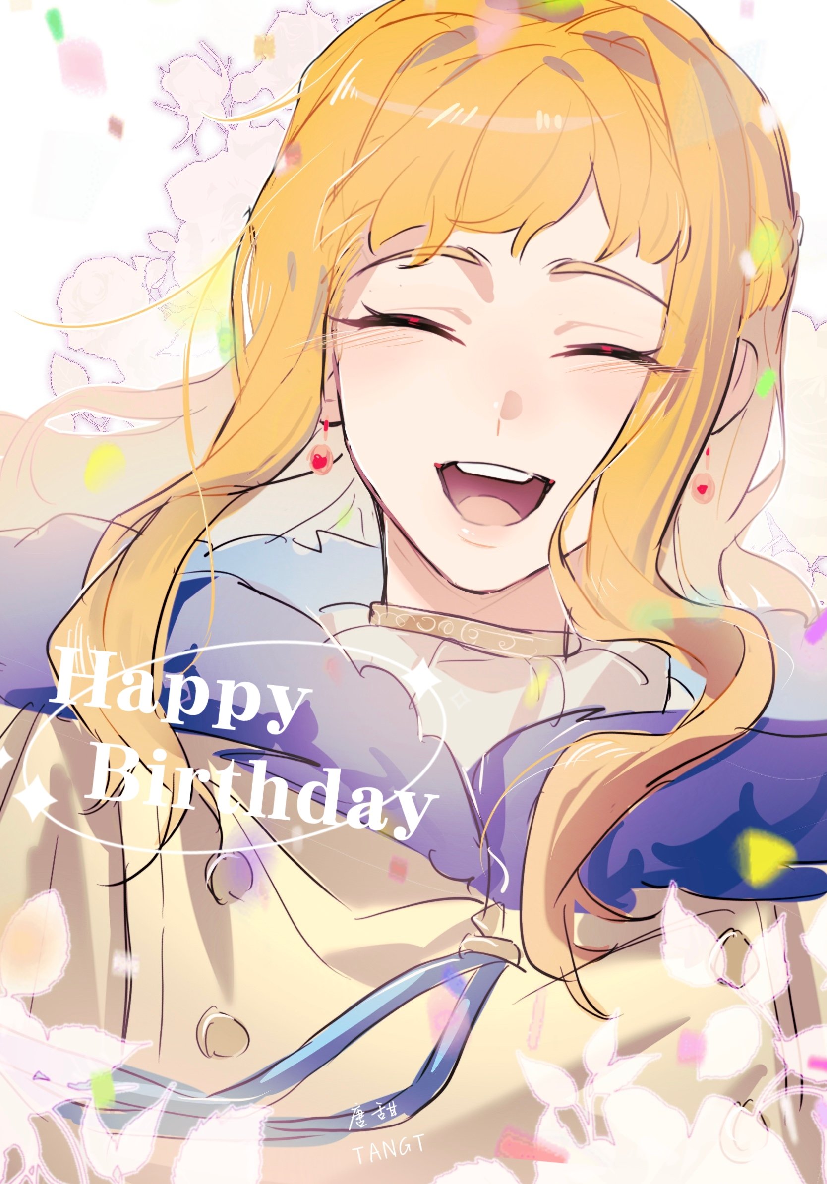 mimosa vermillion, black clover, 1girl, closed eyes, earrings, happy birthday, jewelry, long hair, open mouth, orange hair, smile, solo