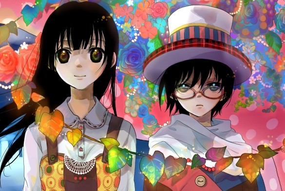 fuzichoco, original, 1boy, 1girl, black hair, brown eyes, eternal blue, fuzi chouko, giraffe, glasses, hat, heterochromia