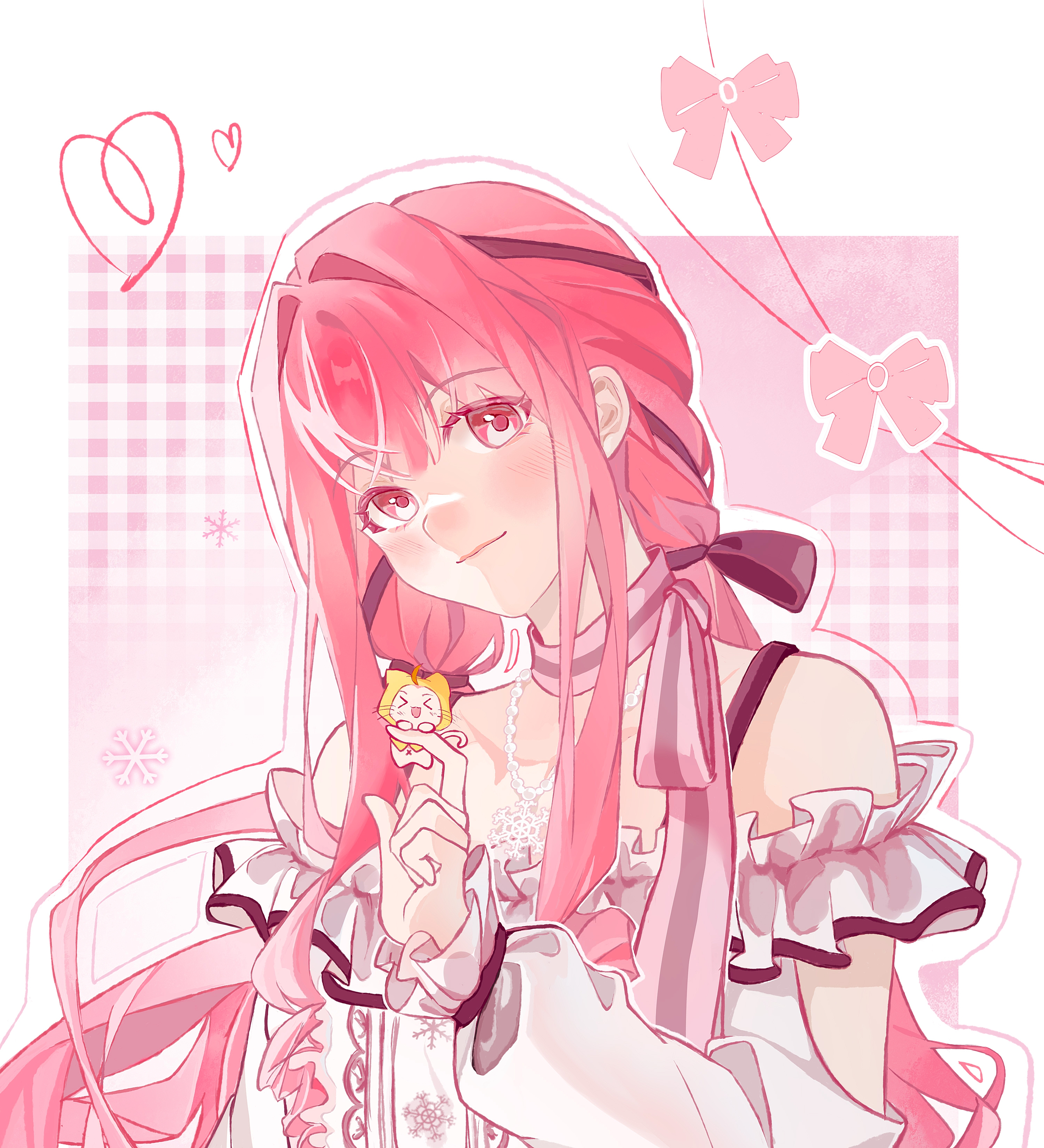 momo (nikki), nikki (nikki), perfect start (infinity nikki), infinity nikki, nikki (series), absurdres, highres, > <, 1girl, ahoge, animal, arm cutout, bare shoulders, black bow, black ribbon, border, bow, bow choker, bowtie, buttons, cat, center frills, choker, cloak, closed mouth, clothed animal, clothing cutout, ear covers, eyelashes, frilled shirt, frilled sleeves, frills, hair between eyes, hair bow, hair intakes, hair ribbon, happy, head tilt, heart, heart of string, holding, holding animal, holding cat, hood, hood up, hooded cloak, light blush, lipstick, long hair, long sleeves, low twintails, makeup, off-shoulder shirt, off shoulder, outline, outside border, pink background, pink bow, pink bowtie, pink choker, pink eyes, pink hair, pink lips, plaid clothes, pointy nose, puffy long sleeves, puffy sleeves, ribbon, shirt, sidelocks, single stripe, size difference, sleeves past wrists, smile, snowflake necklace, striped bow, striped bowtie, striped choker, striped clothes, tress ribbon, twintails, undersized animal, upper body, very long hair, wavy hair, whiskers, white border, white cat, white outline, white shirt, yellow cloak, yoyan
