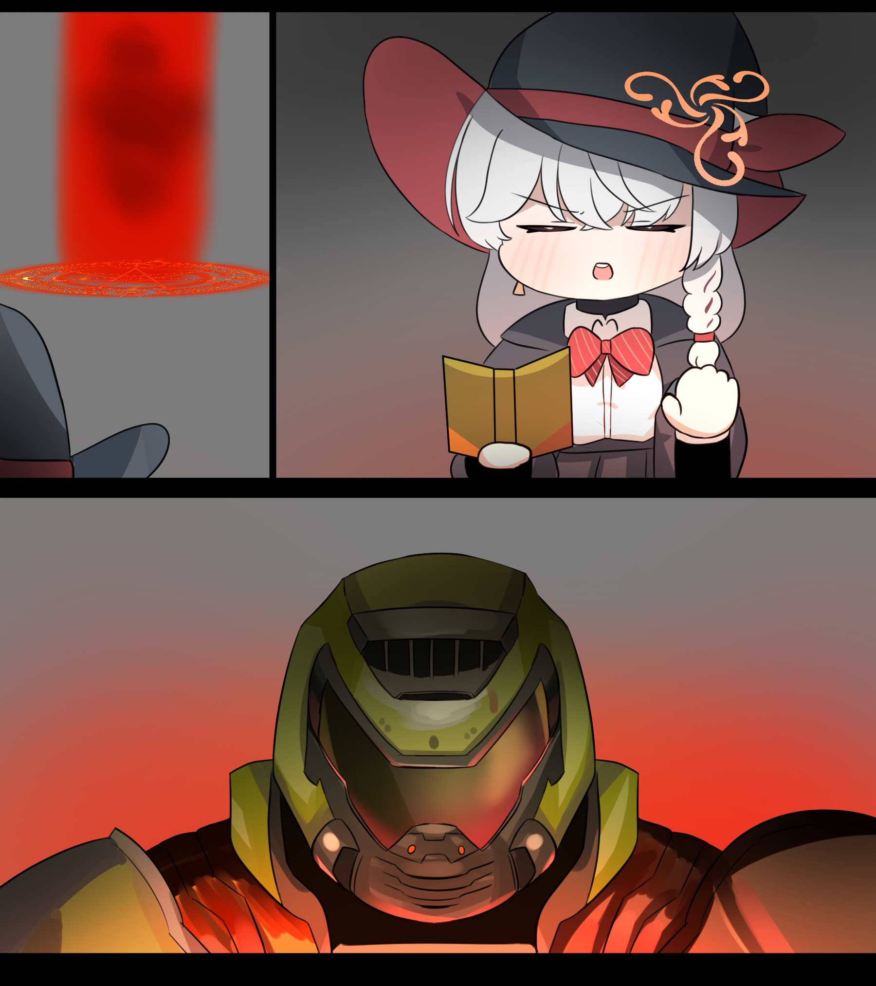 sabnak66, doomguy, eri (blue archive), blue archive, doom (series), visor, armor, bow, bowtie, braid, chibi, crossover, halo, hat, helmet, jacket, long coat, long hair, magic circle, orange eyes, shirt, skirt, summoning, sweater, white hair, witch hat