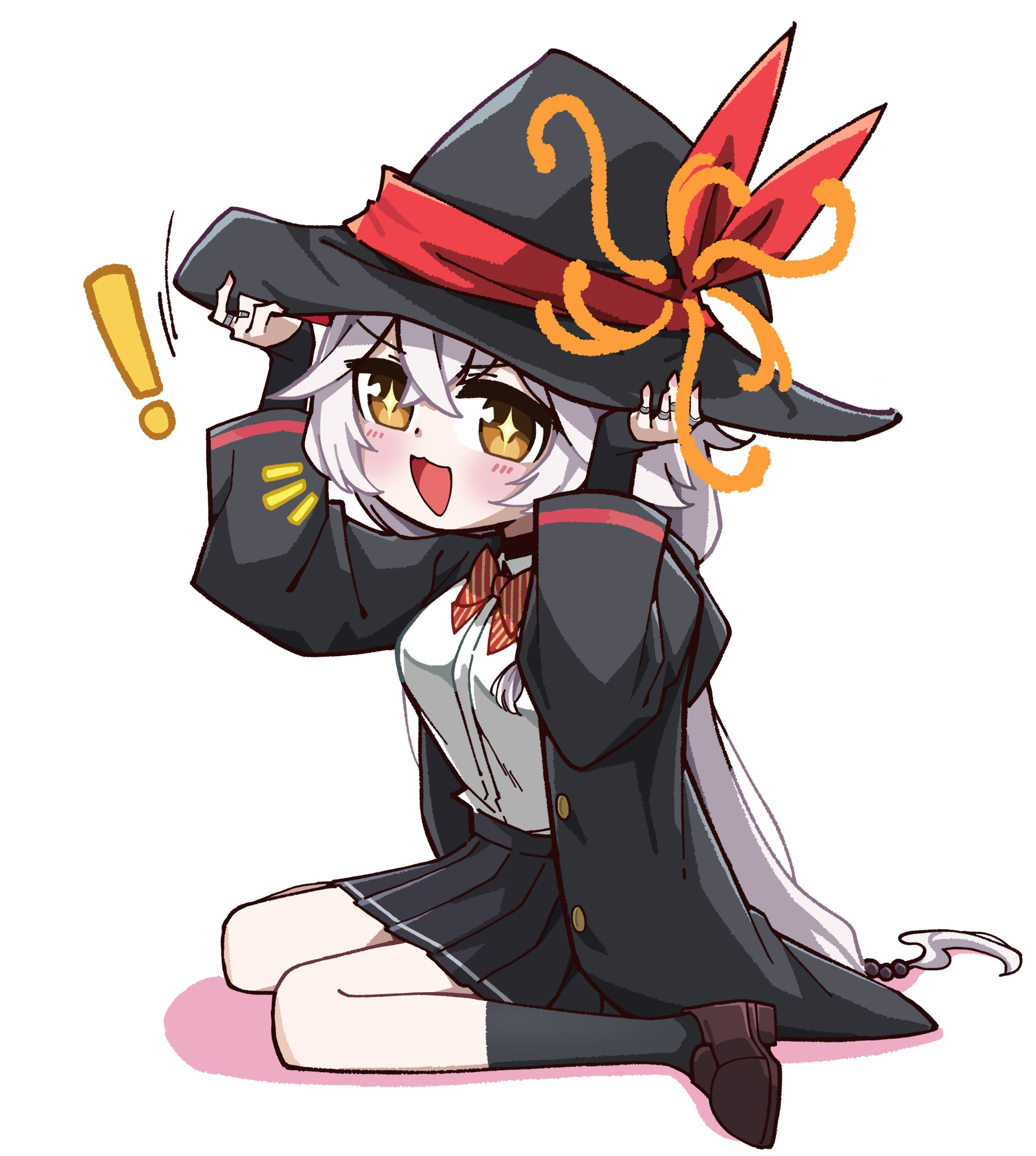 eri (blue archive), blue archive, bow, bowtie, braid, halo, hat, holding headgear, jacket, jewelry, kneeling, long coat, long hair, orange eyes, ring, shirt, skirt, sparkling eyes, sweater, white hair, witch hat