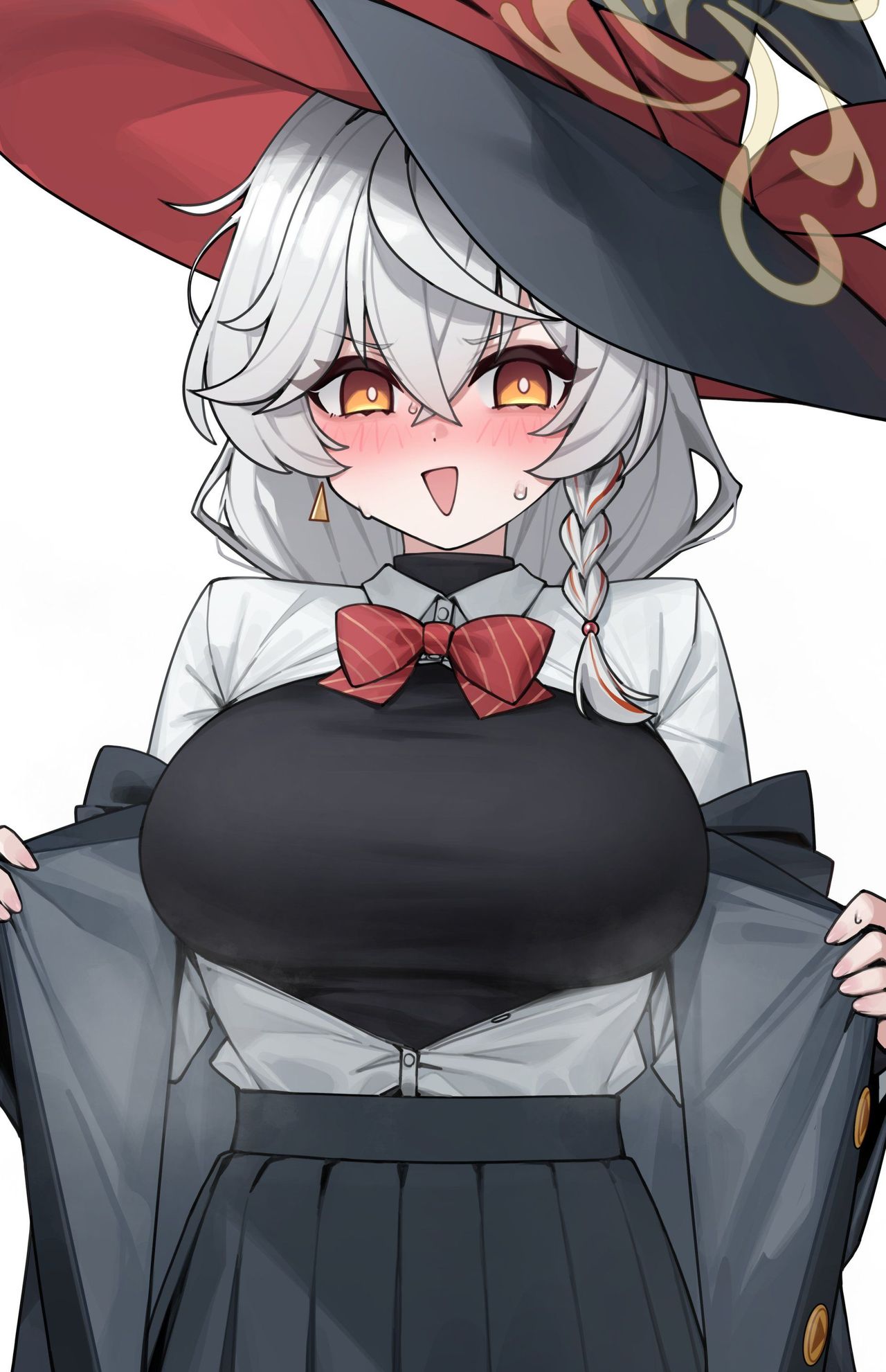 eri (blue archive), blue archive, blush, bow, bowtie, braid, earrings, halo, hat, jacket, jacket partially removed, jewelry, long coat, long hair, open clothes, open shirt, orange eyes, removing jacket, shirt, skirt, sweatdrop, sweater, white hair, witch hat