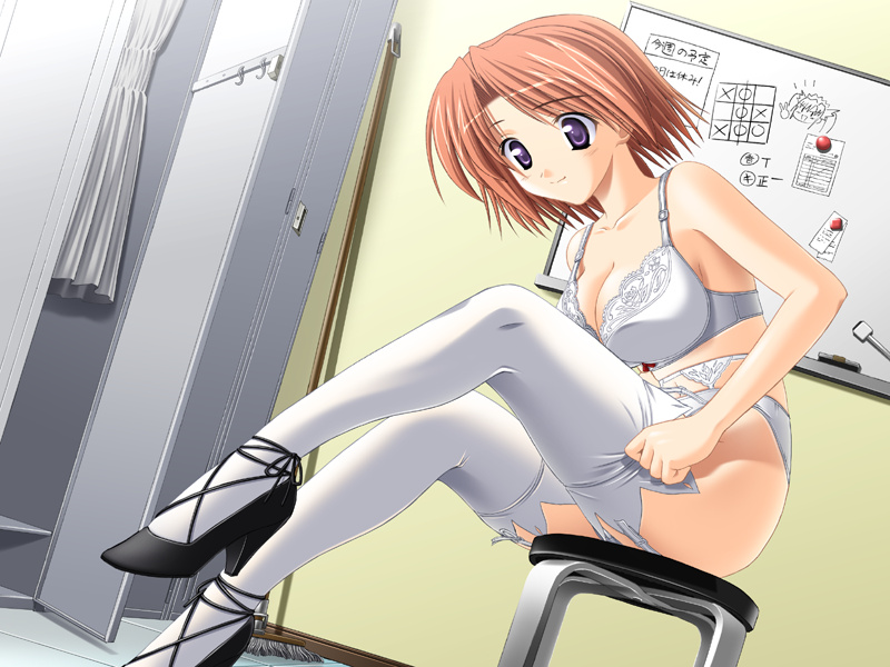 takapiko, hoshino kasumi, presence, game cg, 1girl, bra, breasts, brown hair, cleavage, dressing, female focus, garter belt, garter straps, high heels, large breasts, lingerie, locker, locker room, panties, purple eyes, shoes, short hair, smile, solo, strappy heels, thighhighs, underwear, underwear only, white bra, white panties, white thighhighs