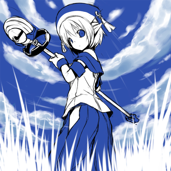 shiratama dango, phantasy star, phantasy star universe, 1girl, :o, armband, bare shoulders, blue background, blue hakama, blue theme, cloud, cloudy sky, day, female focus, from behind, gloves, grass, hakama, hakama skirt, hat, japanese clothes, looking back, looking down, monochrome, pointy ears, short hair, sketch, skirt, sky, sleeveless, solo, staff, standing, weapon