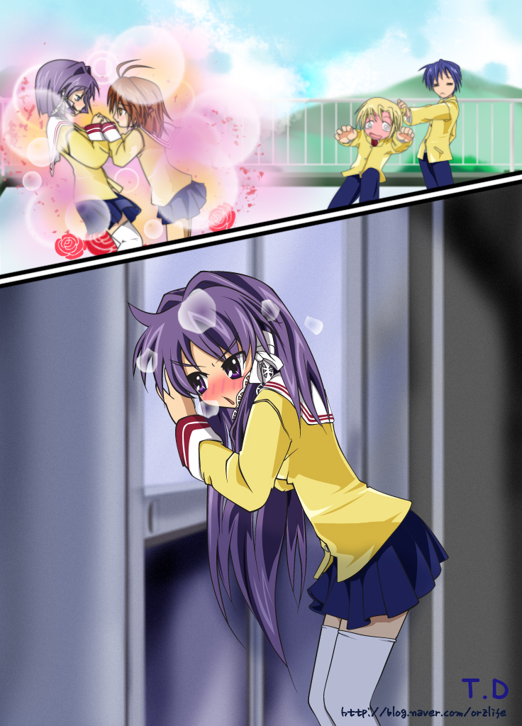 teperyndroors, fujibayashi kyou, fujibayashi ryou, furukawa nagisa, okazaki tomoya, sunohara youhei, clannad, 00s, 2boys, 3girls, bad anatomy, blush, flower, multiple boys, multiple girls, poorly drawn, rose, school uniform, serafuku, siblings, sisters, thighhighs, twins, yuri