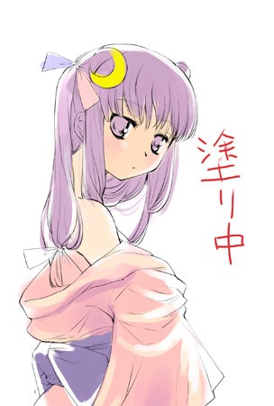 yuu (kfc), patchouli knowledge, touhou, lowres, 1girl, bare shoulders, blunt bangs, crescent, crescent hair ornament, female focus, from side, hair ornament, japanese clothes, kimono, long hair, looking at viewer, looking to the side, off shoulder, purple eyes, purple hair, solo