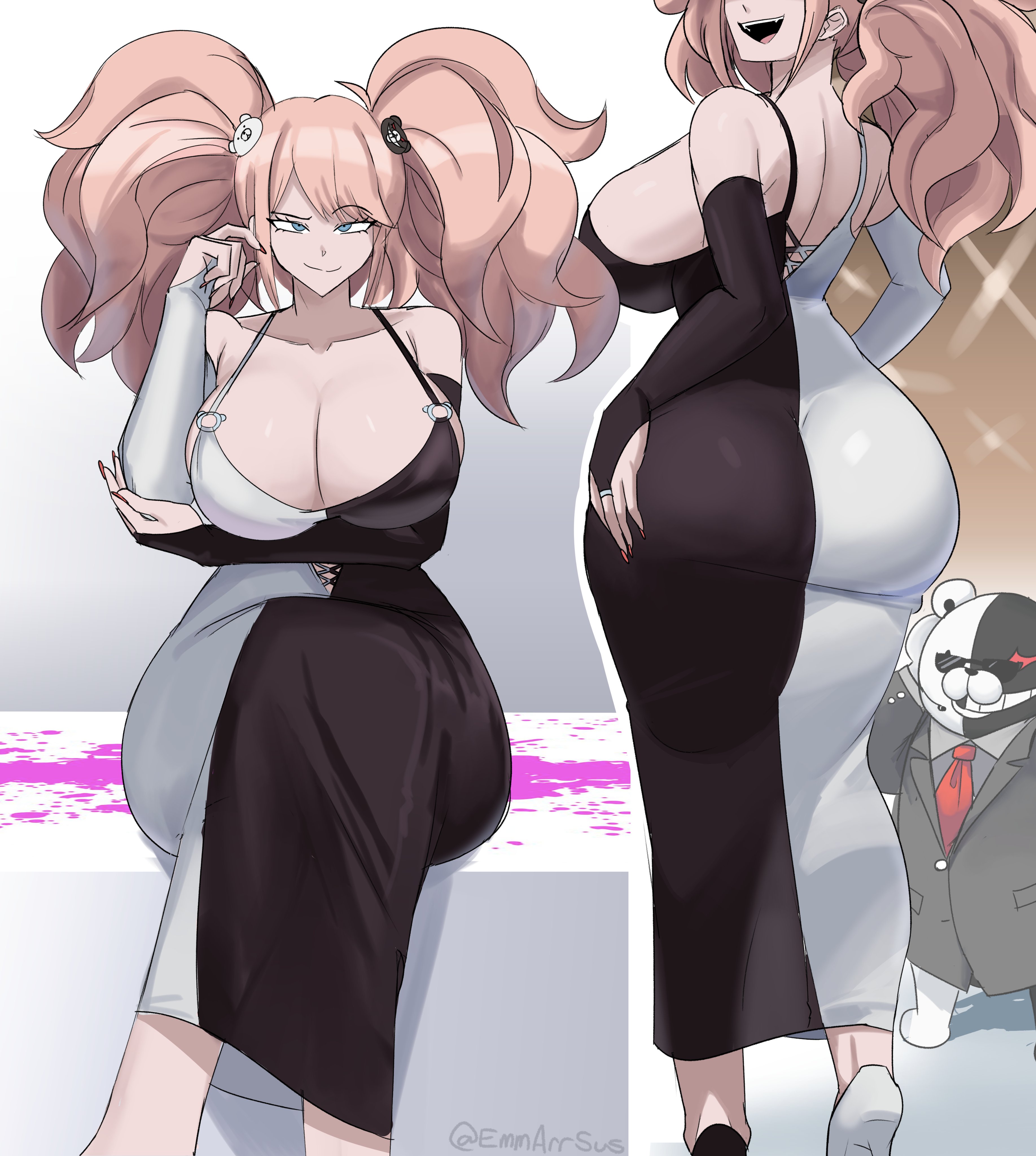gus (emmarrgus), enoshima junko, monokuma, danganronpa: trigger happy havoc, danganronpa (series), absurdres, highres, 1girl, ahoge, ass, ass support, back, bare shoulders, bear, bear hair ornament, big hair, black dress, black sleeves, blonde hair, blood, blood splatter, blue eyes, breasts, cleavage, collarbone, curvy, detached sleeves, dress, earpiece, from behind, gloves, grabbing own ass, hair ornament, hands on own ass, huge ass, huge breasts, jacket, large breasts, long hair, long sleeves, looking at viewer, looking back, necktie, open mouth, pink blood, presenting, presenting ass, red eyes, red nails, shirt, smile, sunglasses, thick thighs, thighs, twintails, white sleeves