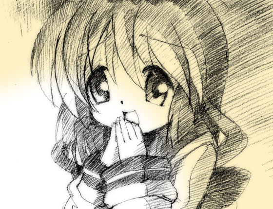 gofu, ibuki fuuko, clannad, clothes, eyebrows, traditional media, 00s, 1girl, female focus, monochrome, open mouth, sketch, solo, yellow theme
