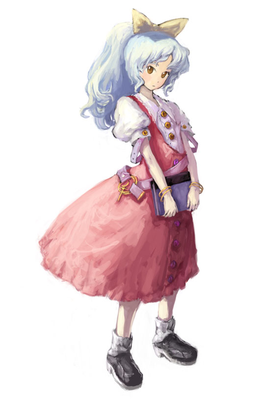 binayu, watatsuki no yorihime, btooom!, silent sinner in blue, touhou, touhou bougetsushou, silver hair, 1girl, belt, book, boots, bow, bracelet, expressionless, female focus, full body, hair bow, head tilt, high ponytail, holding, jewelry, loafers, long hair, looking at viewer, ponytail, puffy short sleeves, puffy sleeves, shoes, short sleeves, simple background, solo, white background, yellow bow