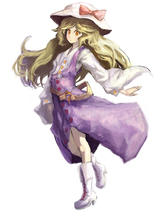 binayu, watatsuki no toyohime, silent sinner in blue, touhou, touhou bougetsushou, 1girl, adapted costume, belt, boots, buckle, dress, female focus, full body, hat, knee boots, long sleeves, looking at viewer, purple dress, simple background, solo, standing, sun hat, white background, white boots, wide sleeves