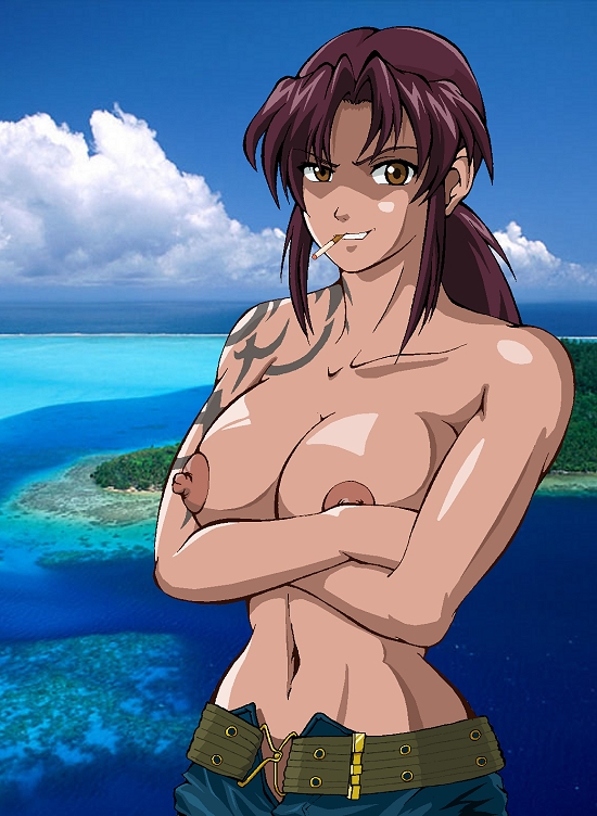 revy (black lagoon), black lagoon, artist request, 00s, 1girl, breasts, cigarette, denim, denim shorts, female focus, nipples, shorts, shoulder tattoo, smoking, solo, tattoo, topless female, tribal tattoo, upper body