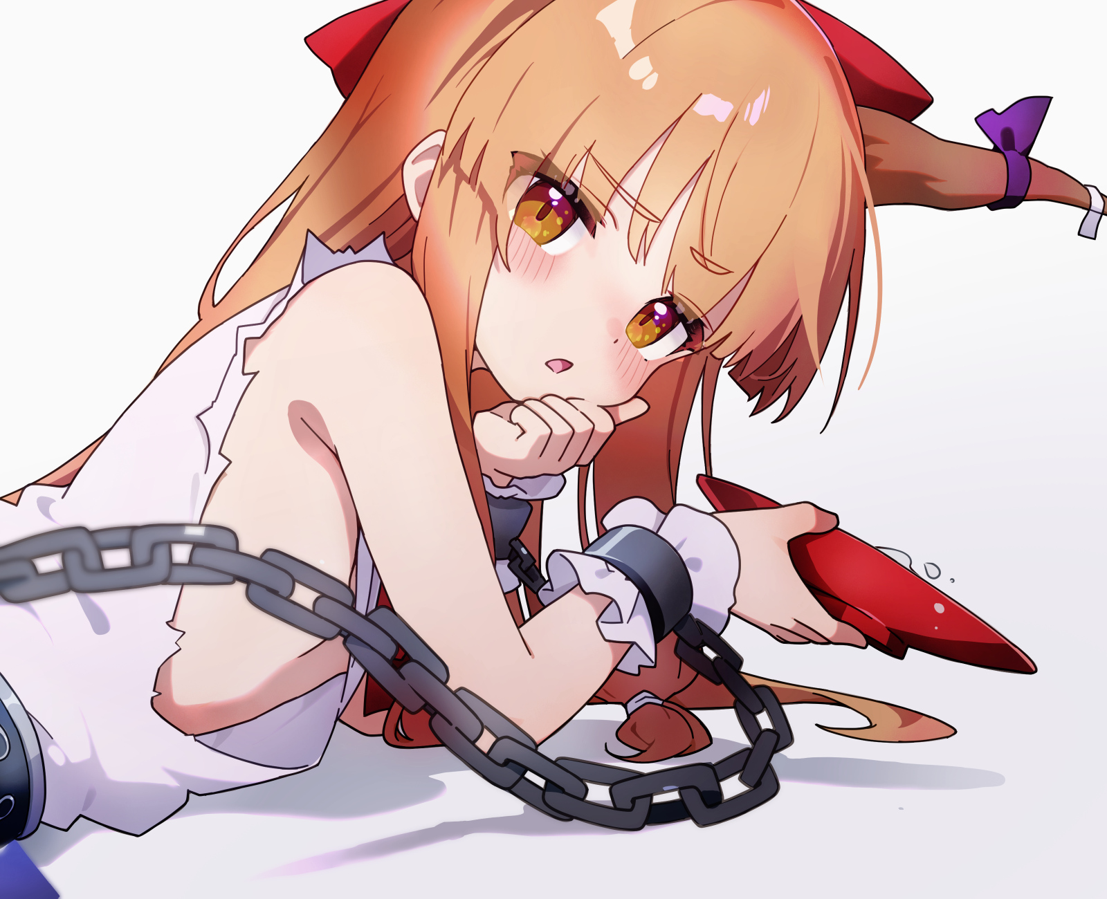 chikuzen1996, ibuki suika, touhou, highres, 1girl, alcohol, bow, brown hair, brown horns, chain, cuffs, cup, drunk, hand on own face, horn ornament, horn ribbon, horns, long hair, looking at viewer, lying, on stomach, oni, orange eyes, parted lips, red bow, ribbon, sakazuki, sake, scrunchie, shirt, simple background, solo, torn clothes, torn sleeves, white background, white shirt, wrist scrunchie