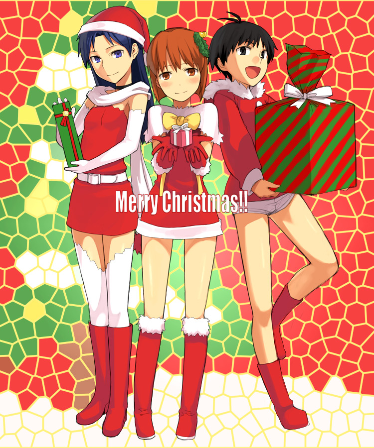 yu 65026, hagiwara yukiho, kikuchi makoto, kisaragi chihaya, idolmaster, idolmaster (classic), idolmaster 1, red footwear, 00s, 3girls, antenna hair, black hair, blue eyes, blue hair, blush, boots, brown eyes, brown hair, christmas, dress, elbow gloves, full body, gift, gloves, hat, mosaic background, multiple girls, red gloves, santa costume, shorts, standing, thighhighs, white gloves