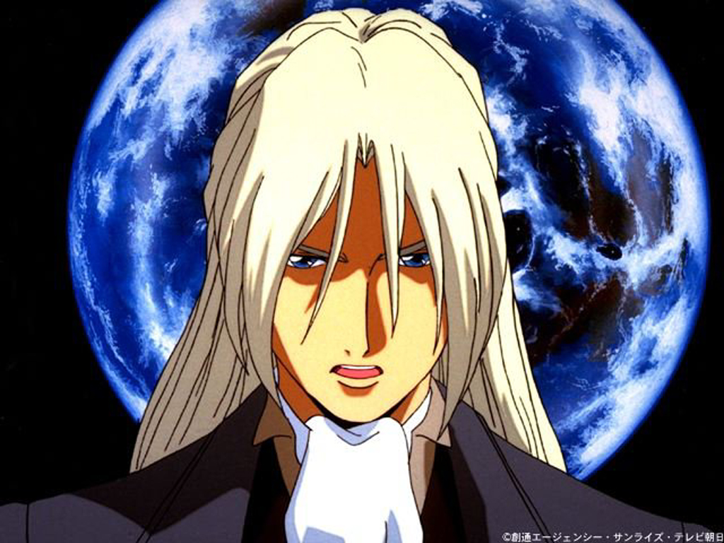 murase shuko, milliardo peacecraft, zechs merquise, gundam, gundam wing, gundam wing: endless waltz, jpeg artifacts, 1990s (style), 1boy, ascot, blonde hair, blue eyes, earth (planet), long hair, male focus, planet, retro artstyle, solo, space