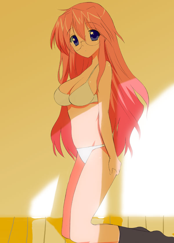 kusaka souji, takara miyuki, lucky star, 00s, 1girl, bikini, blue eyes, bra, breasts, female focus, glasses, kneeling, large breasts, lingerie, long hair, panties, pink hair, socks, solo, swimsuit, underwear, underwear only, very long hair