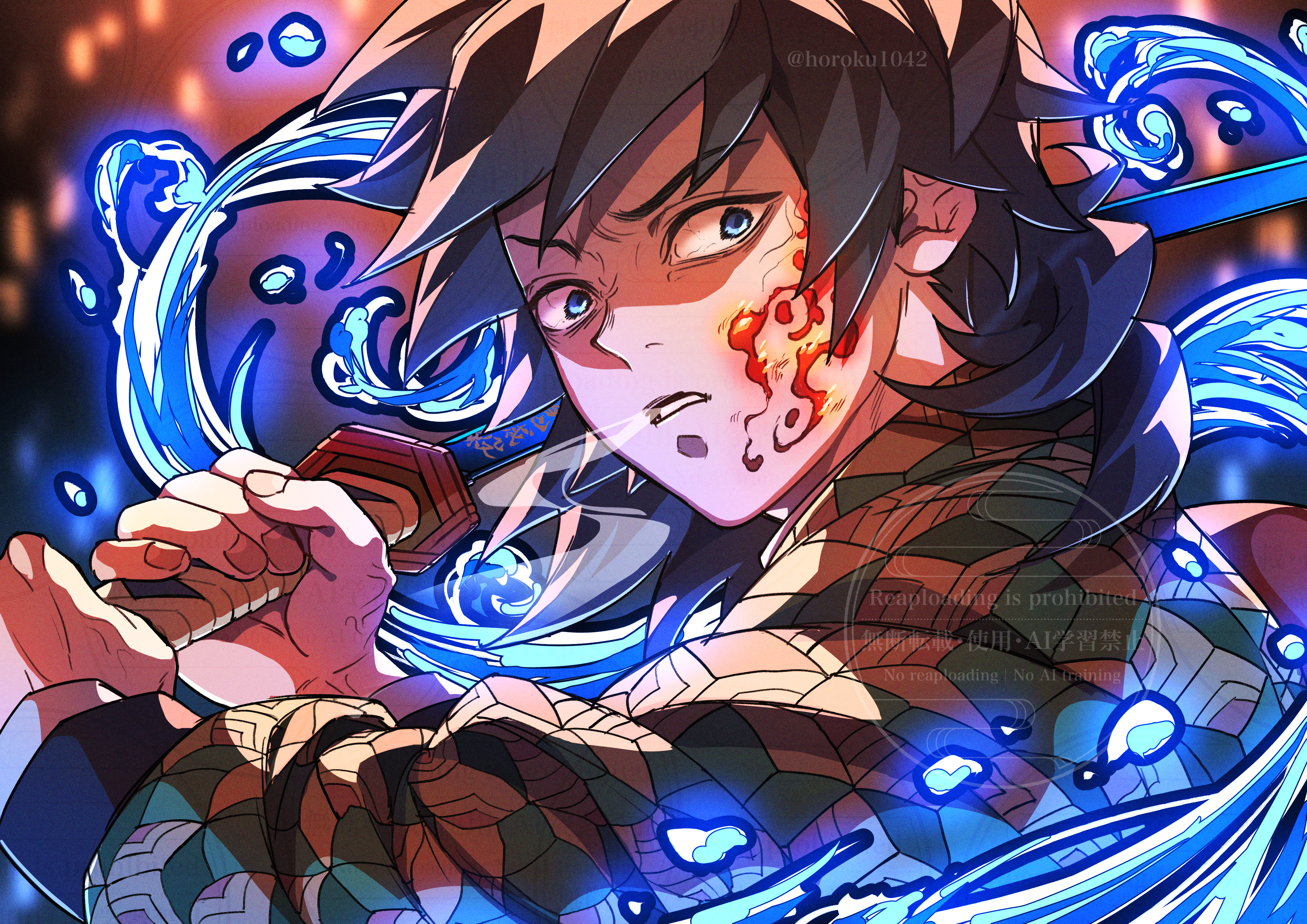tomioka giyuu, kimetsu no yaiba, absurdres, highres, 1boy, black hair, black jacket, blue eyes, demon slayer uniform, english text, haori, holding, holding sword, holding weapon, horoku1042, jacket, japanese clothes, katana, kikkoumon, low ponytail, male focus, ponytail, print haori, solo, spiked hair, sword, teeth, twitter username, upper body, veiny face, water, watermark, weapon