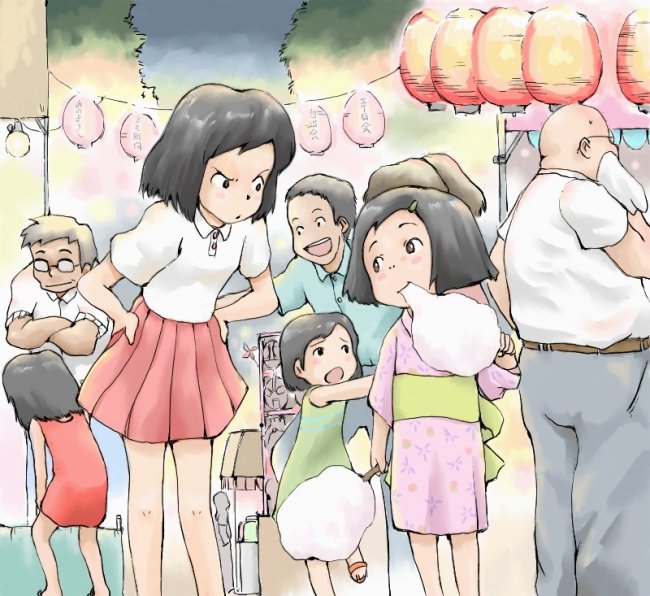 ohyo, original, 3boys, 5girls, cotton candy, festival, food, holding, holding cotton candy, holding food, lantern, multiple boys, multiple girls, vending cart