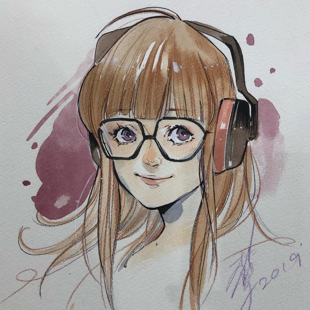 peach momoko, persona, persona 5, 1girl, ahoge, dated, glasses, headphones, orange hair, parted bangs, smile, white background