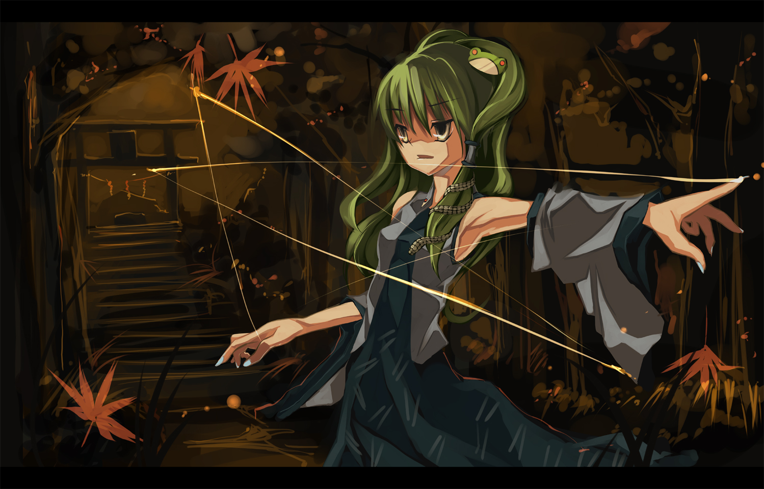 shimadoriru, kochiya sanae, touhou, 1girl, detached sleeves, female focus, fingernails, hair tubes, leaf, letterboxed, skirt, solo, star (symbol), torii