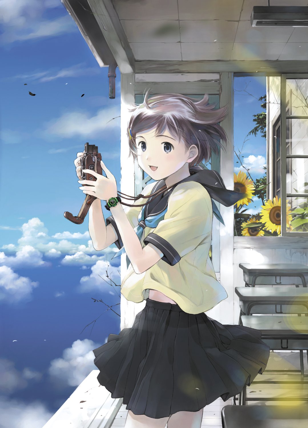 yoshizuki kumichi, bad id, bad pixiv id, highres, camera, cloud, day, flower, school uniform, serafuku, sky, solo, sunflower, wind
