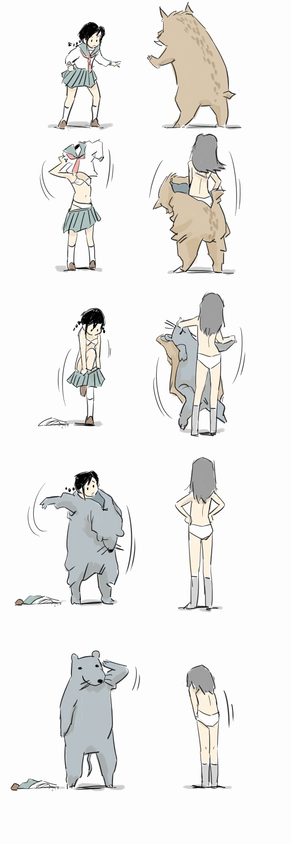 ohyo, original, highres, long image, tall image, 2girls, boar, bra, changing, cosplay, kigurumi, lingerie, mouse (animal), multiple girls, new year, panties, school uniform, serafuku, underwear, underwear only