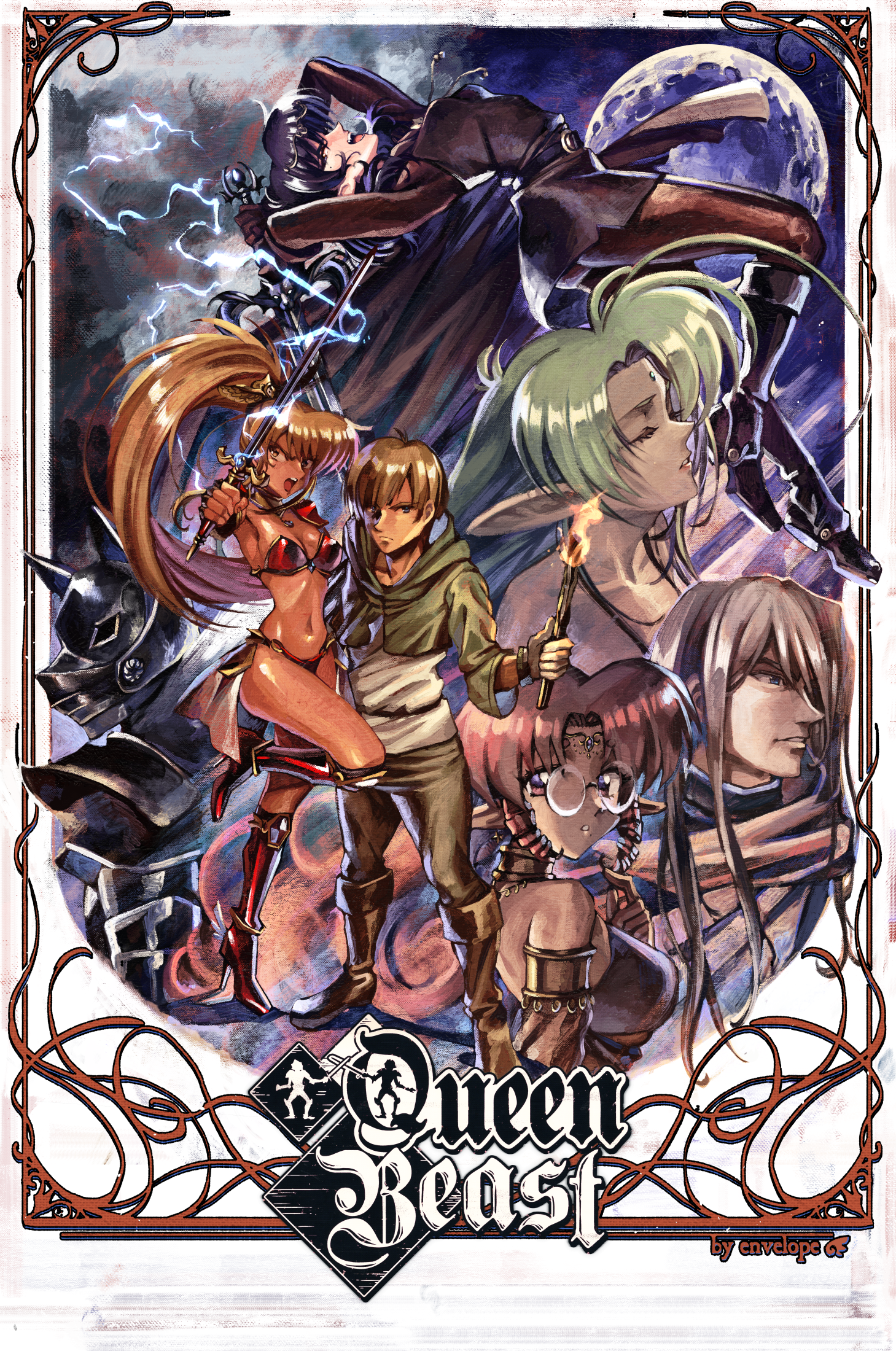envelope dev, highres, official art, promotional art, 3boys, 4girls, ahoge, armor, bikini armor, black armor, black cape, black hair, black knight (queen beast), blonde hair, border, bronwyn (queen beast), brown hair, cape, circlet, cloud, cloudy sky, copyright name, curly hair, full moon, green hair, high heels, high ponytail, holding, holding sword, holding torch, holding weapon, lightning, looking at viewer, moon, multiple boys, multiple girls, navel, nymph (queen beast), ornate border, oswald (queen beast), otto (queen beast), parted bangs, pointy ears, ponytail, queen beast (visual novel), red border, red hair, round eyewear, signature, sky, swinging weapon, switch (queen beast), sword, the beast (queen beast), torch, weapon