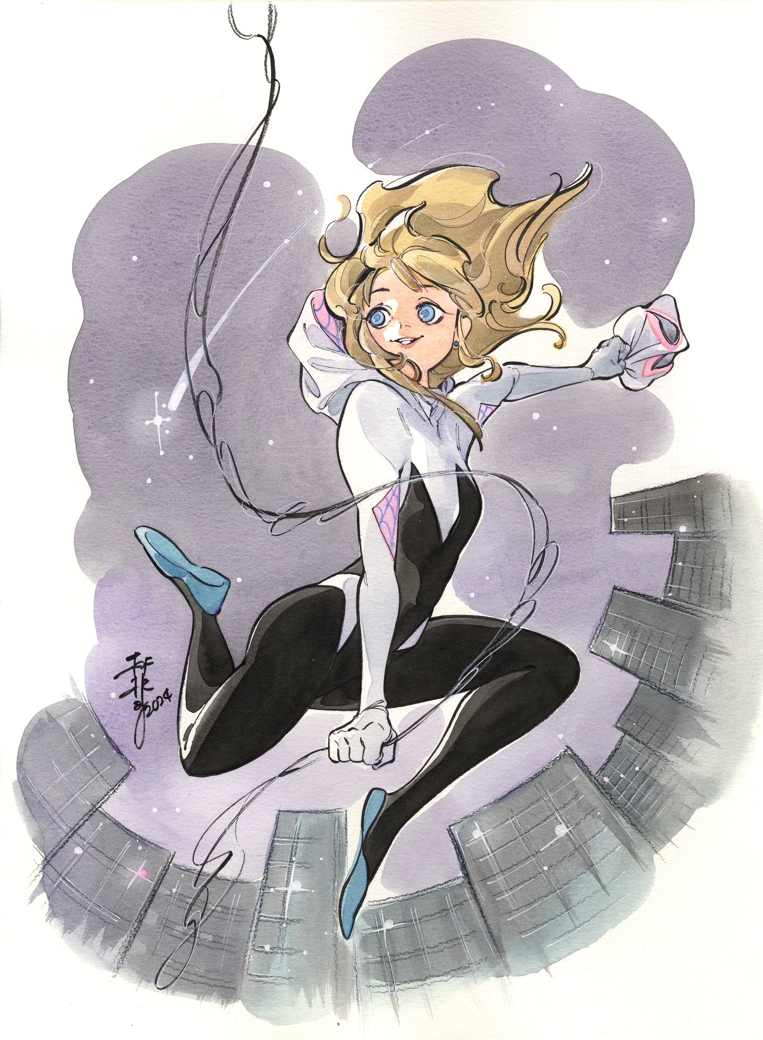 peach momoko, spider-gwen, marvel, spider-man (series), highres, 1girl, black bodysuit, blonde hair, blue shoes, bodysuit, building, mask, multicolored bodysuit, shoes, shooting star, silk, smile, spider web, superhero costume, white background