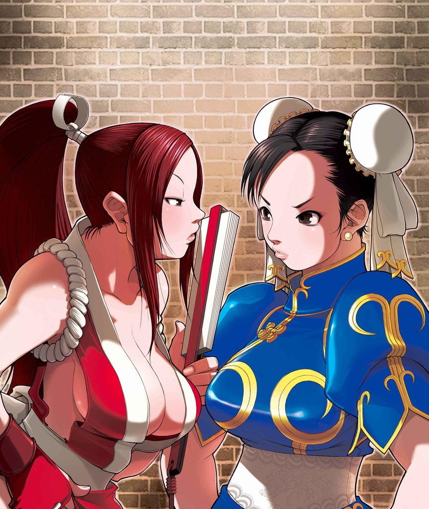 falcoon, chun-li, shiranui mai, capcom, fatal fury, snk, street fighter, svc chaos, the king of fighters, 2girls, bare shoulders, black eyes, black hair, breasts, brown hair, bun cover, china dress, chinese clothes, cleavage, confrontation, crossover, double bun, dress, earrings, eye contact, eyeshadow, folded fan, folding fan, hand fan, jewelry, large breasts, lips, long hair, looking at another, makeup, multiple girls, no bra, ponytail, red hair, rope, sash, sideboob