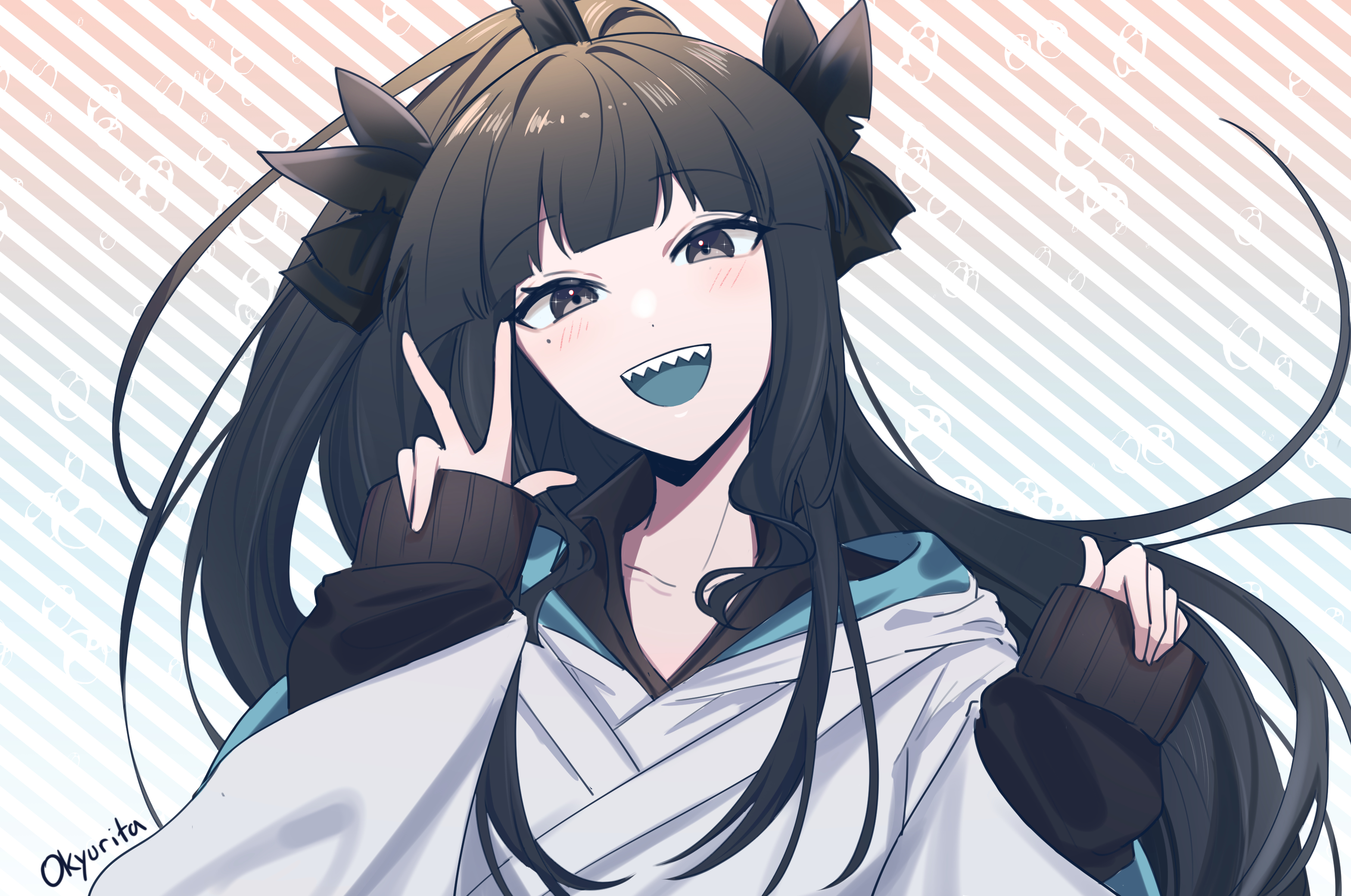 okyurita, artemis of the blue, atelier live, commentary, english commentary, highres, 1girl, artist name, black eyes, black hair, blue tongue, blunt bangs, colored tongue, long hair, looking at viewer, ponytail, shark fin, shark girl, sharp teeth, smile, teeth, v, virtual youtuber