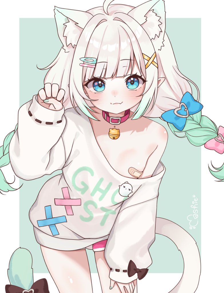 moshiedraws, mint fantome, mint fantome (otaku), wisps (mint fantome), indie virtual youtuber, commentary, english commentary, 1girl, :3, ahoge, animal ear fluff, animal ears, bandaid, bandaids on nipples, bell, blue bow, blue eyes, blunt bangs, bow, braid, cat ears, cat girl, cat tail, claw pose, collar, downblouse, fang, gradient hair, green hair, hair ornament, hairclip, hand on own thigh, leaning forward, long hair, long sleeves, low twin braids, multicolored hair, neck bell, no bra, off-shoulder sweater, off shoulder, official alternate costume, official alternate hairstyle, pasties, pink bow, pink collar, pink shorts, short shorts, shorts, signature, single bare shoulder, skin fang, slippers, smile, socks, solo, sweater, tail, twin braids, virtual youtuber, white hair, white socks, white sweater, wide sleeves, x hair ornament