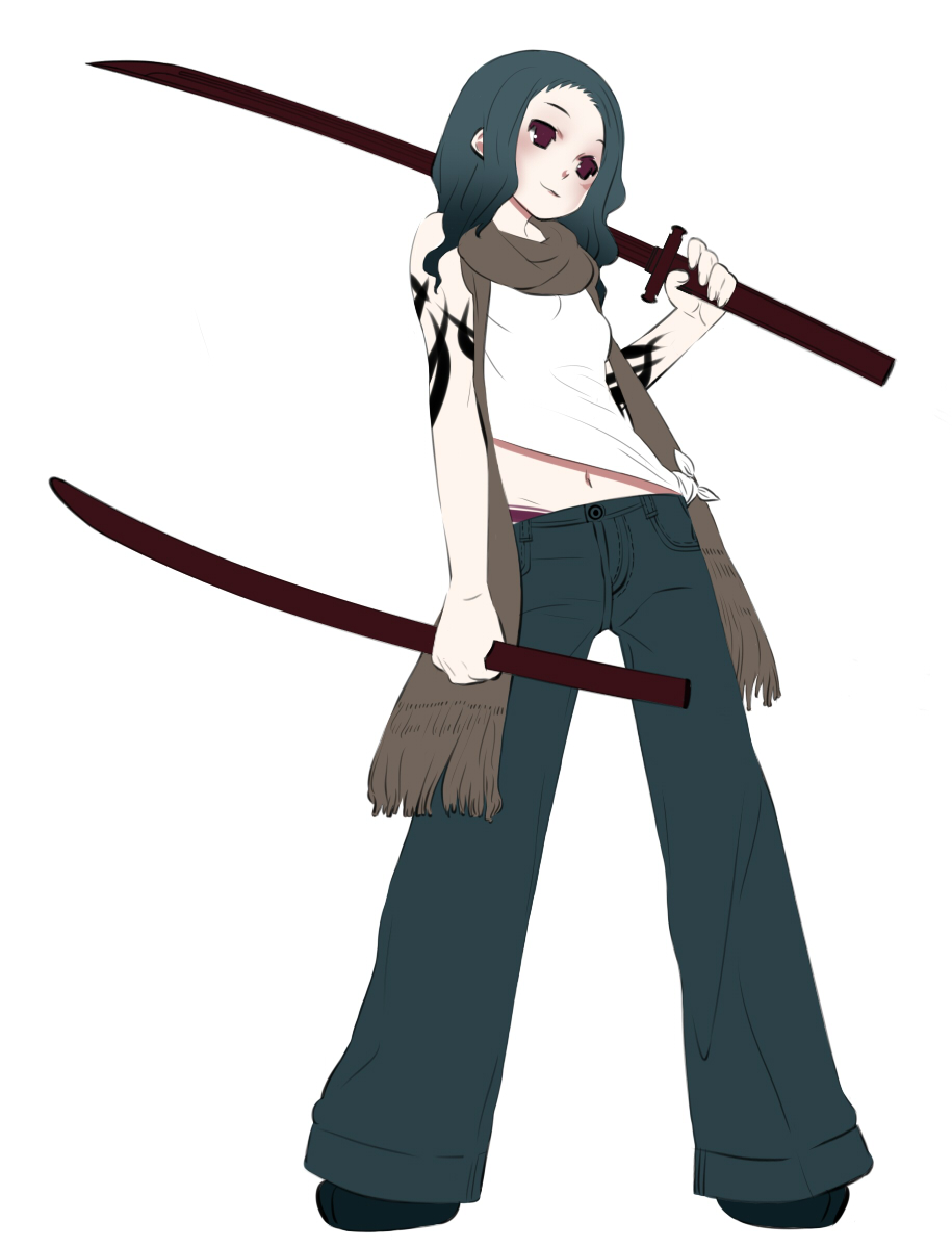 hamamo, original, highres, 1girl, bell-bottoms, female focus, grey hair, katana, midriff, panties, pants, red eyes, scabbard, scarf, sheath, shirt, simple background, solo, sword, t-shirt, tattoo, underwear, weapon, white shirt