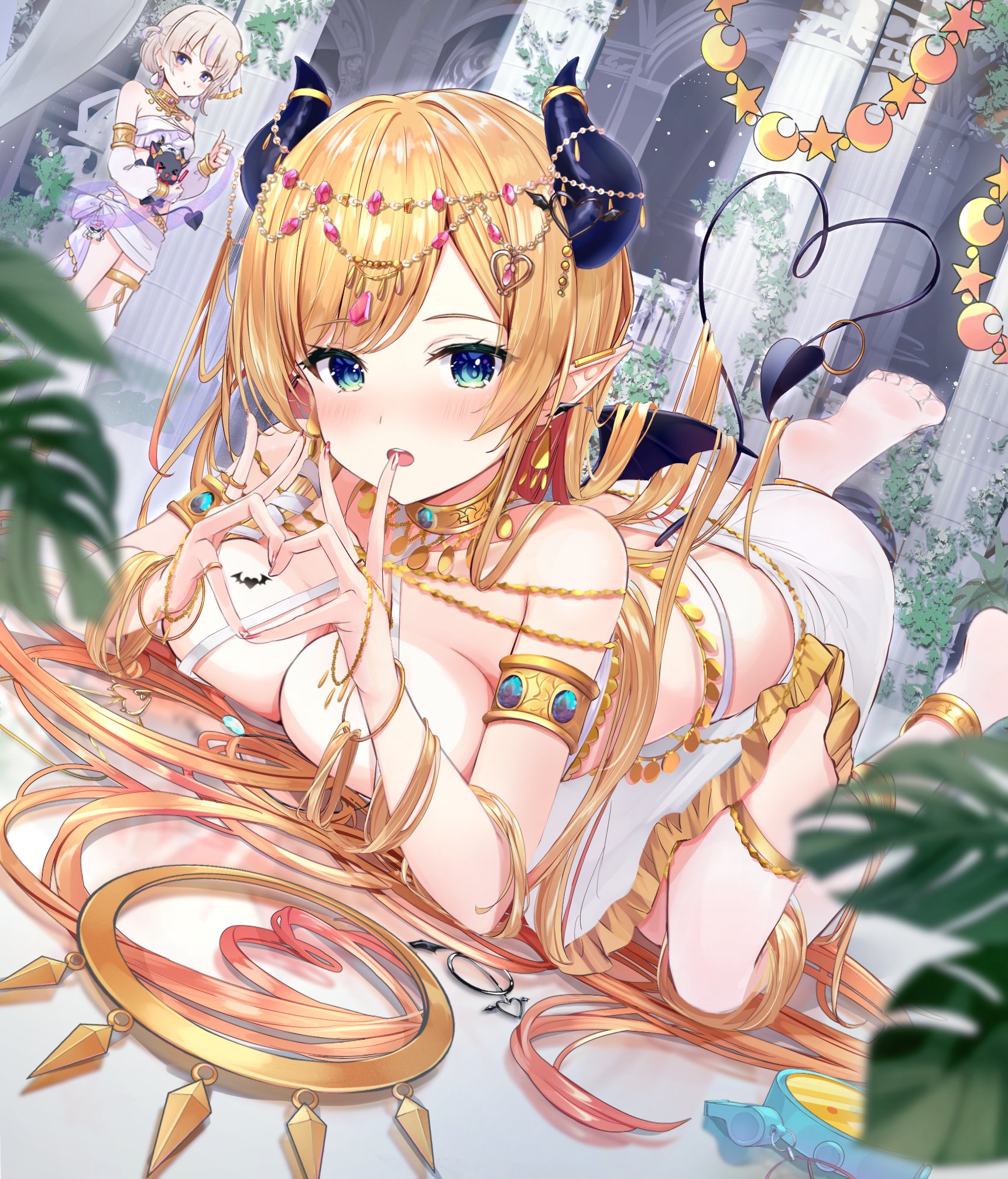 hai 0013, chocolat-chan (yuzuki choco), todoroki hajime, yuzuki choco, hololive, hololive dev is, commentary request, highres, making-of available, paid reward available, 2girls, anklet, aqua eyes, armlet, blonde hair, bracelet, breast tattoo, breasts, circlet, demon girl, demon horns, demon tail, demon wings, feet, feet up, four-finger heart hands, harem outfit, headdress, heart, heart hands, horns, jewelry, large breasts, loincloth, long hair, looking at viewer, mini wings, multicolored hair, multiple girls, necklace, no shoes, pointy ears, purple eyes, purple hair, see-through clothes, short hair, soles, solo focus, streaked hair, swept bangs, tail, tattoo, toes, top-down bottom-up, two side up, veil, very long hair, virtual youtuber, white veil, winged heart, winged heart tattoo, wings