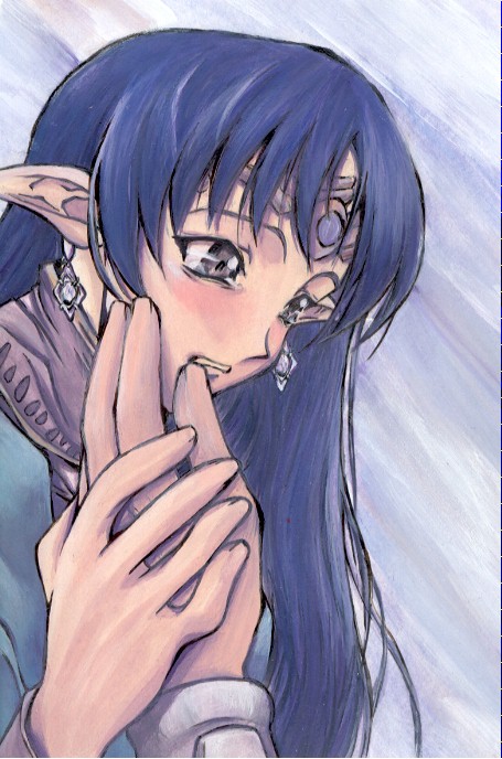 lafiel, seikai no senki, diadem, silver hair, artist request, source request, spoilers, 1girl, blue hair, blush, circlet, crying, earrings, hand on another's cheek, hand on another's face, jewelry, long hair, pointy ears, solo focus, upper body