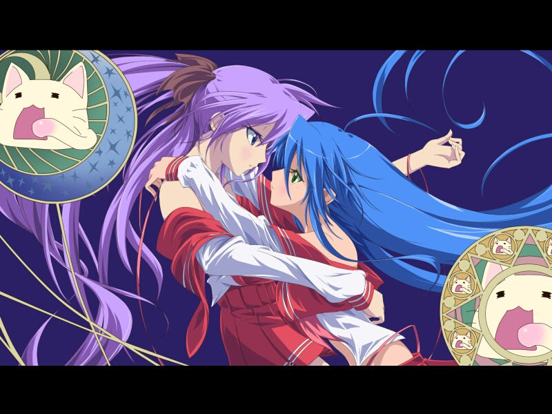 hiiragi kagami, izumi konata, nyamou, kannazuki no miko, lucky star, 2girls, blue eyes, blue hair, crossover, eye contact, eyelashes, green eyes, hair ornament, hair ribbon, hug, letterboxed, long hair, looking at another, miko embrace, multiple girls, parody, purple hair, ribbon, school uniform, serafuku, twintails, very long hair, yuri