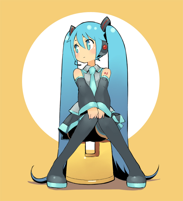 chan co, hatsune miku, vocaloid, 1girl, detached sleeves, female focus, full body, green hair, long hair, sitting, solo, thighhighs, twintails, very long hair