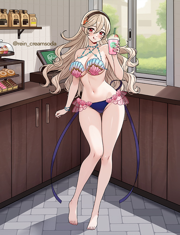 rein creamsoda, feh (fire emblem heroes), female corrin (cipher shell bikini) (fire emblem), female corrin (fire emblem), fire emblem, fire emblem cipher, fire emblem fates, nintendo, 1girl, bare shoulders, barefoot, bikini, black hairband, blush, bracelet, breasts, clam shell, cleavage, closed mouth, counter, cup, disposable cup, donut, drinking straw, food, grey hair, hair between eyes, hairband, holding, holding cup, indoors, jewelry, large breasts, long hair, looking at viewer, navel, official alternate costume, pastry, pointy ears, red eyes, shell, shell bikini, sideboob, smile, solo, starfish hair ornament, stomach, swimsuit, tongue, tongue out, underboob, very long hair