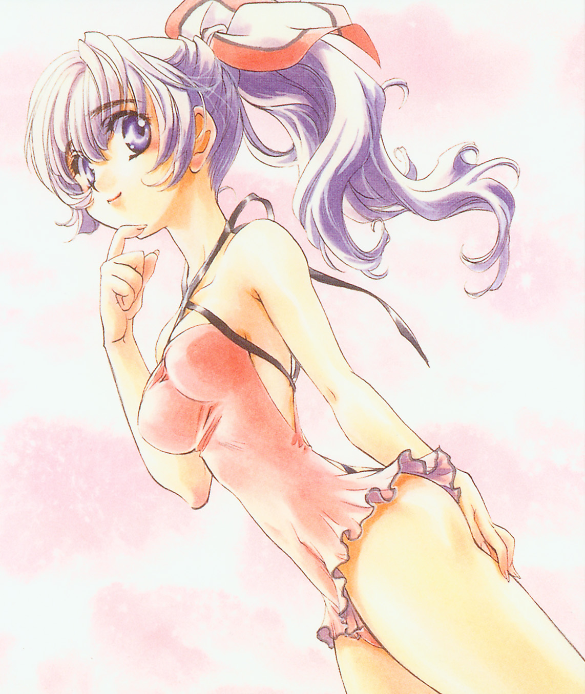 shikidouji, teletha testarossa, full metal panic!, frilled swimsuit, duplicate, highres, 00s, 1girl, bare shoulders, casual one-piece swimsuit, dutch angle, female focus, frills, halterneck, hand on own chin, highleg, highleg one-piece swimsuit, long hair, one-piece swimsuit, ponytail, purple eyes, purple hair, ribbon, smile, solo, stroking own chin, swimsuit