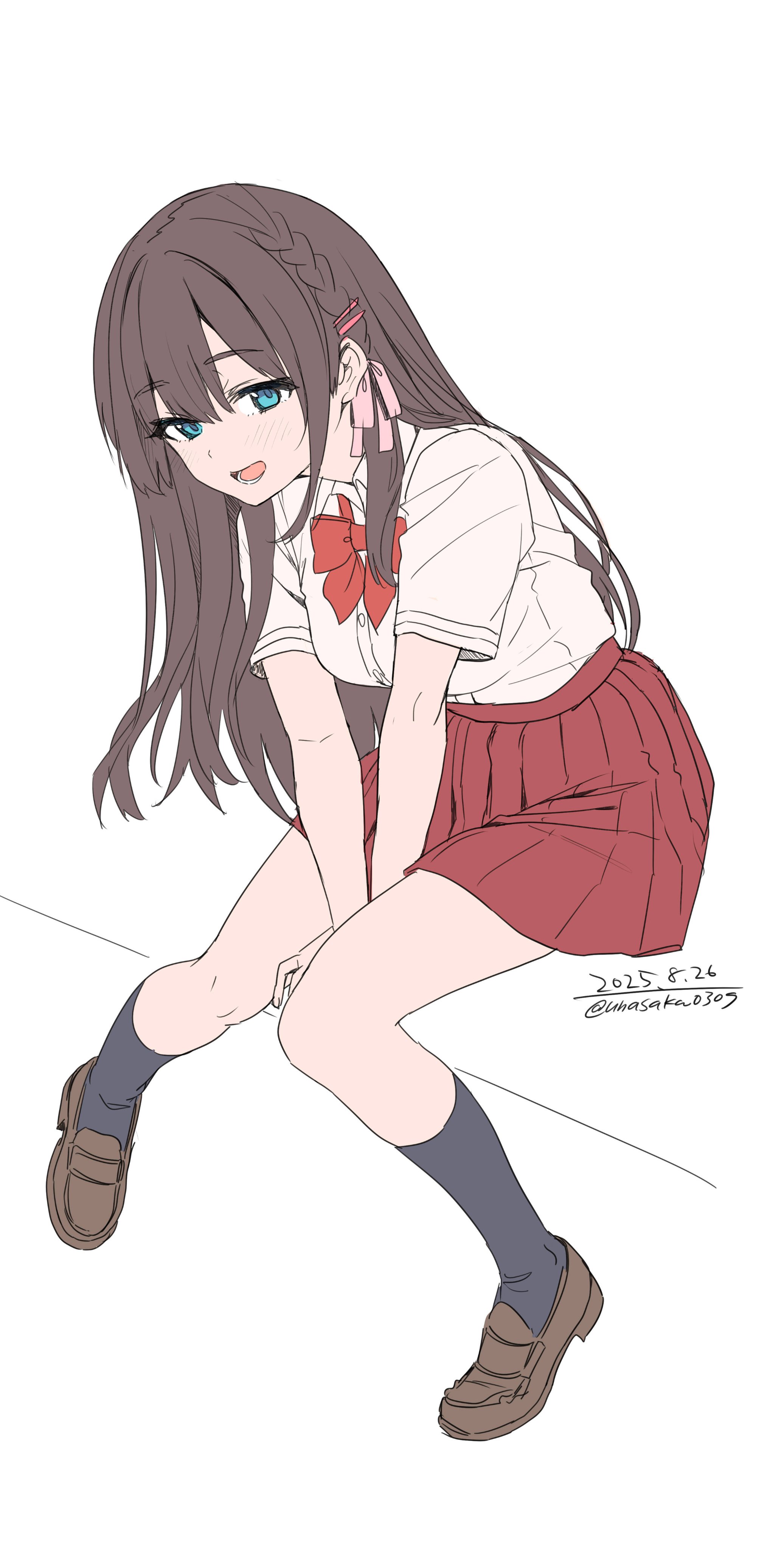 unasaka ryou, original, absurdres, highres, 1girl, black socks, blue eyes, bow, braid, breasts, brown hair, collared shirt, hair ornament, hair ribbon, long hair, looking at viewer, open mouth, pleated skirt, red bow, red skirt, ribbon, school uniform, shirt, shoes, short sleeves, simple background, sitting, skirt, smile, socks, solo, white background, white shirt